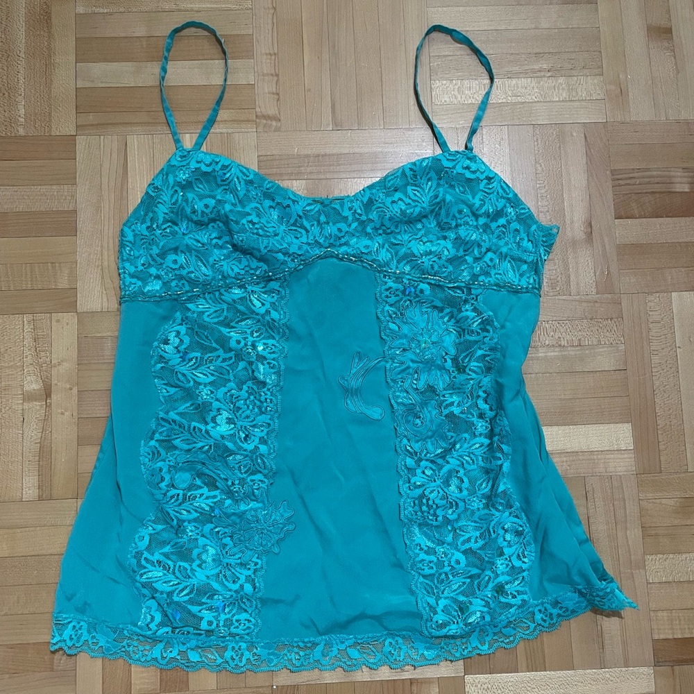 Vintage Teal Silk Lace Trim Beaded Tank Top Y2K